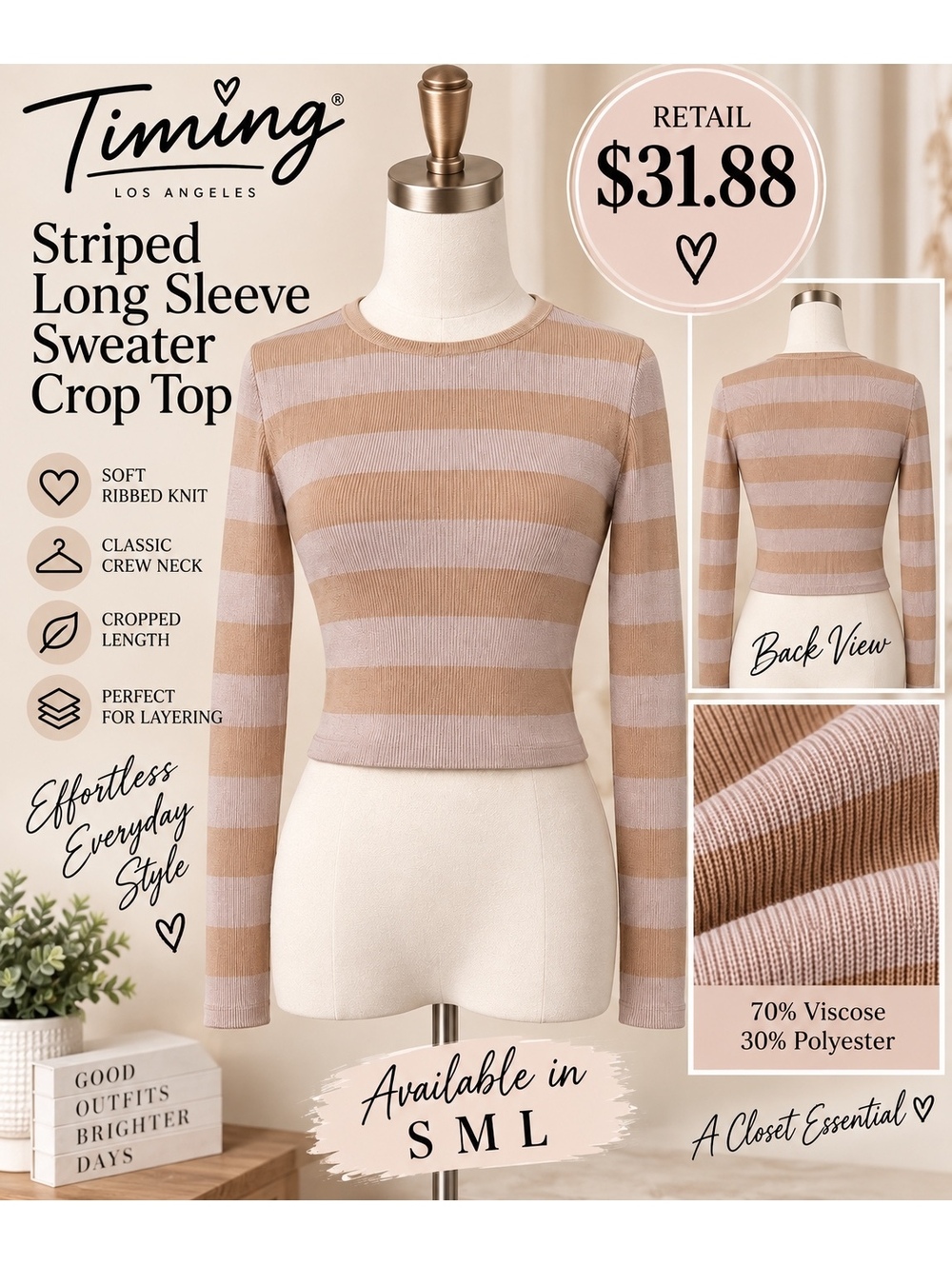 Timing Striped Long Sleeve Sweater Crop Top in Tan and Cream